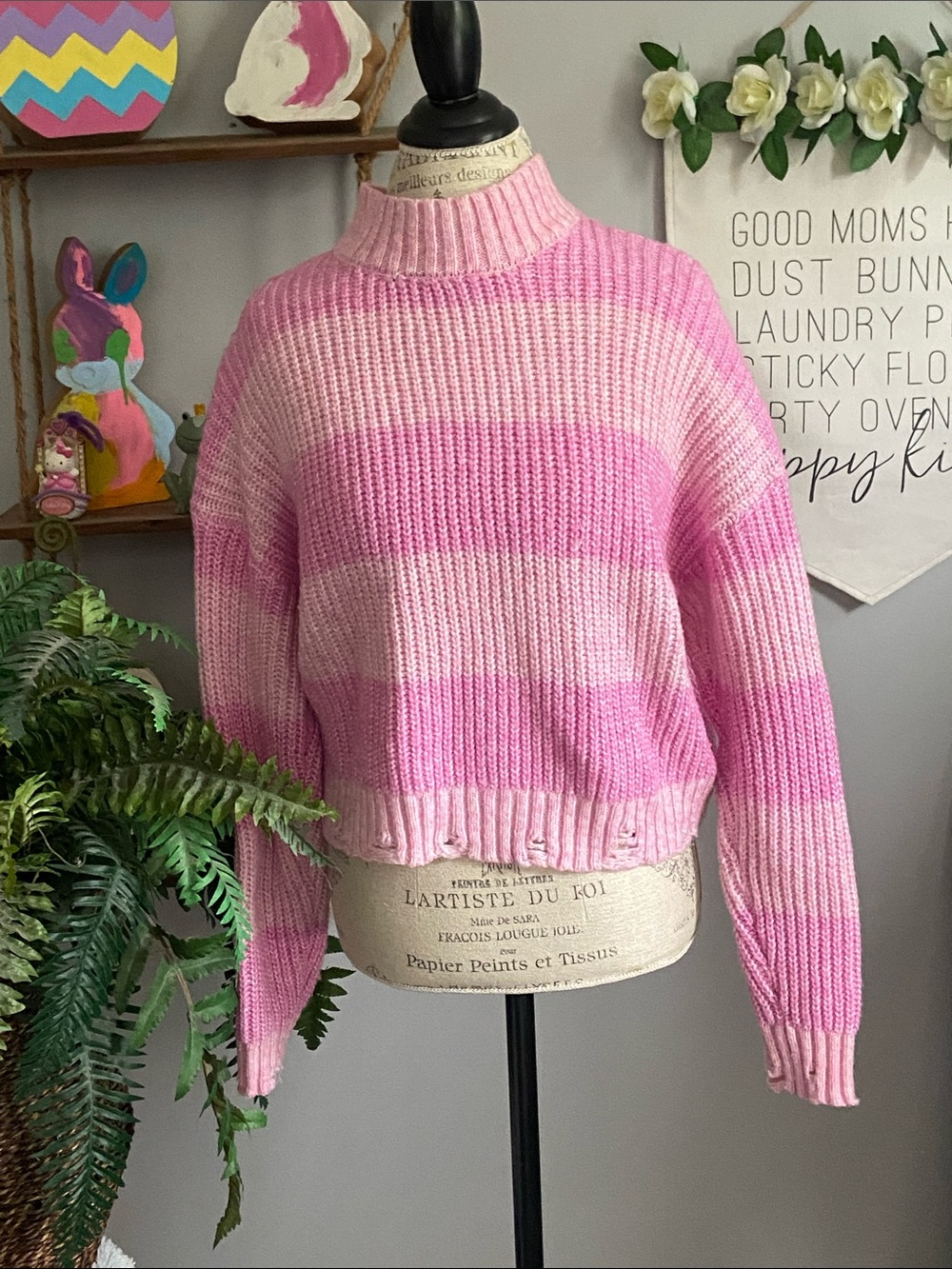 NoBo XXL (19) Pink White Striped Mock Neck Cropped Sweater w/ Distressing